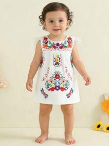Toddler Baby Infant Girls Summer Cotton Linen Boho Dress Floral Embroidery Square Neck Lace Ruffle Fly Sleeve Sleeveless Summer Beach Sundress Vacation Bohemian Dress A-Line Dress - 紅色 - 查看 1