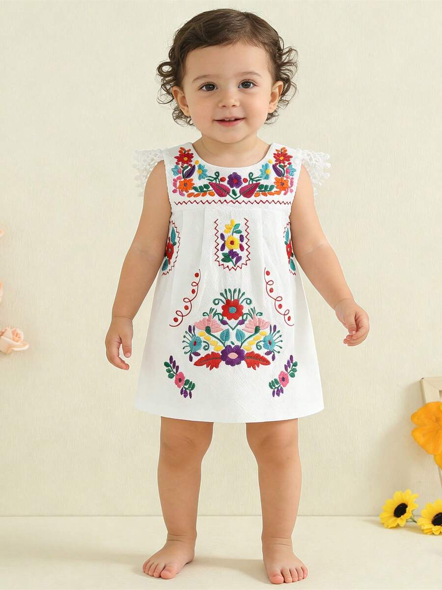 Toddler Baby Infant Girls Summer Cotton Linen Boho Dress Floral Embroidery Square Neck Lace Ruffle Fly Sleeve Sleeveless Summer Beach Sundress Vacation Bohemian Dress A-Line Dress - 紅色 - 查看 1