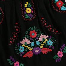 Toddler Baby Infant Girls Summer Cotton Linen Boho Dress Floral Embroidery Square Neck Lace Ruffle Fly Sleeve Sleeveless Summer Beach Sundress Vacation Bohemian Dress A-Line Dress - 黑色 - 查看 8