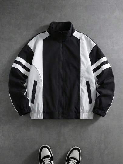 Men's Autumn Casual Fashionable Striped Patchwork Loose Fit Jacket With Side Pockets, Ribbed Cuffs And Hem, Soft And Comfortable For Outdoor Leisure, Stand Collar