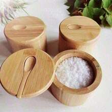 Bamboo Seasoning Box With Spoon Rotating Cover Bamboo Seasoning Pot Magnetic Suction Seasoning Pot Single Cell Salt Box, Food, Kitchen, Cooking, Seasoning, Spice, Party, Travel, Kitchen Items, Kitchen Tools, Kitchen Things. - Gold - View 2