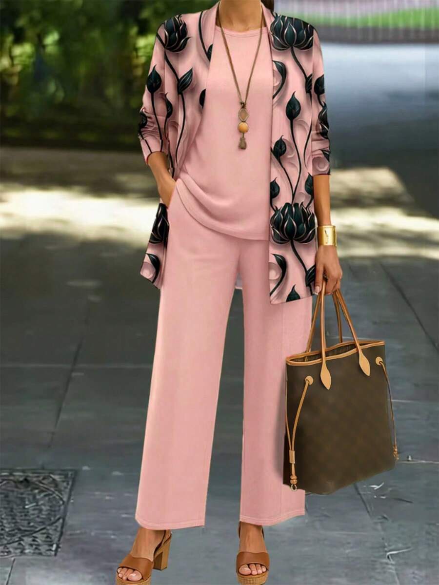 Plus Size Women's Fashionable Printed Elegant Tank Top & Pants & Coat 3 Pieces Set Pink Spring Summer - Pink - View 1
