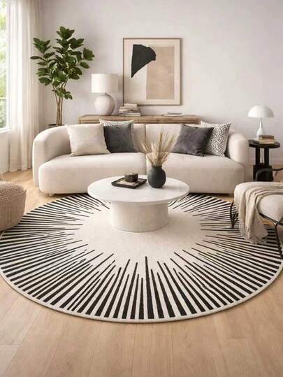 Black & White Radiant Pattern Round Rug, Luxury Cream Striped Round Mat, Machine Washable, Suitable For Living Room, Bedroom Or Office Decor, Beige Curved Plush Area Pad, Comfortable & Fashionable Indoor Mat, Bedroom Floor Cover Modern Decor Non-Slip Backing, Living Room Carpet, Bathroom Mat, Bath Rug, Door Mat, Small Rug, Carpet, Floor Mat, Home Decor, Area Small Rug, Outdoor Mat, Home Decor, Area Rug, Bedroom Rug, Washable Carpet