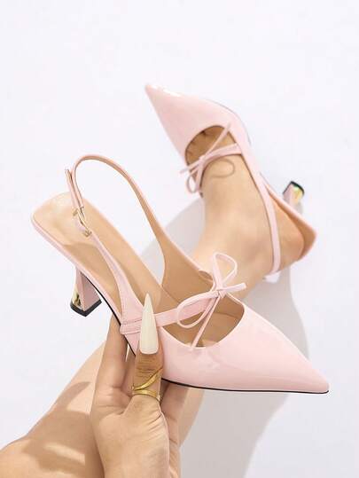 נעלי עקב גבוהות לנשים עם חרטום מחודד וקשירת פפיון, נעלי סטילטו אלגנטיות מתאימות לאירועים, מסיבה, חוץ, דייטים, מתנת יום הולדת, חתונה, אביב/קיץ/סתיו/חורף, ורוד PU