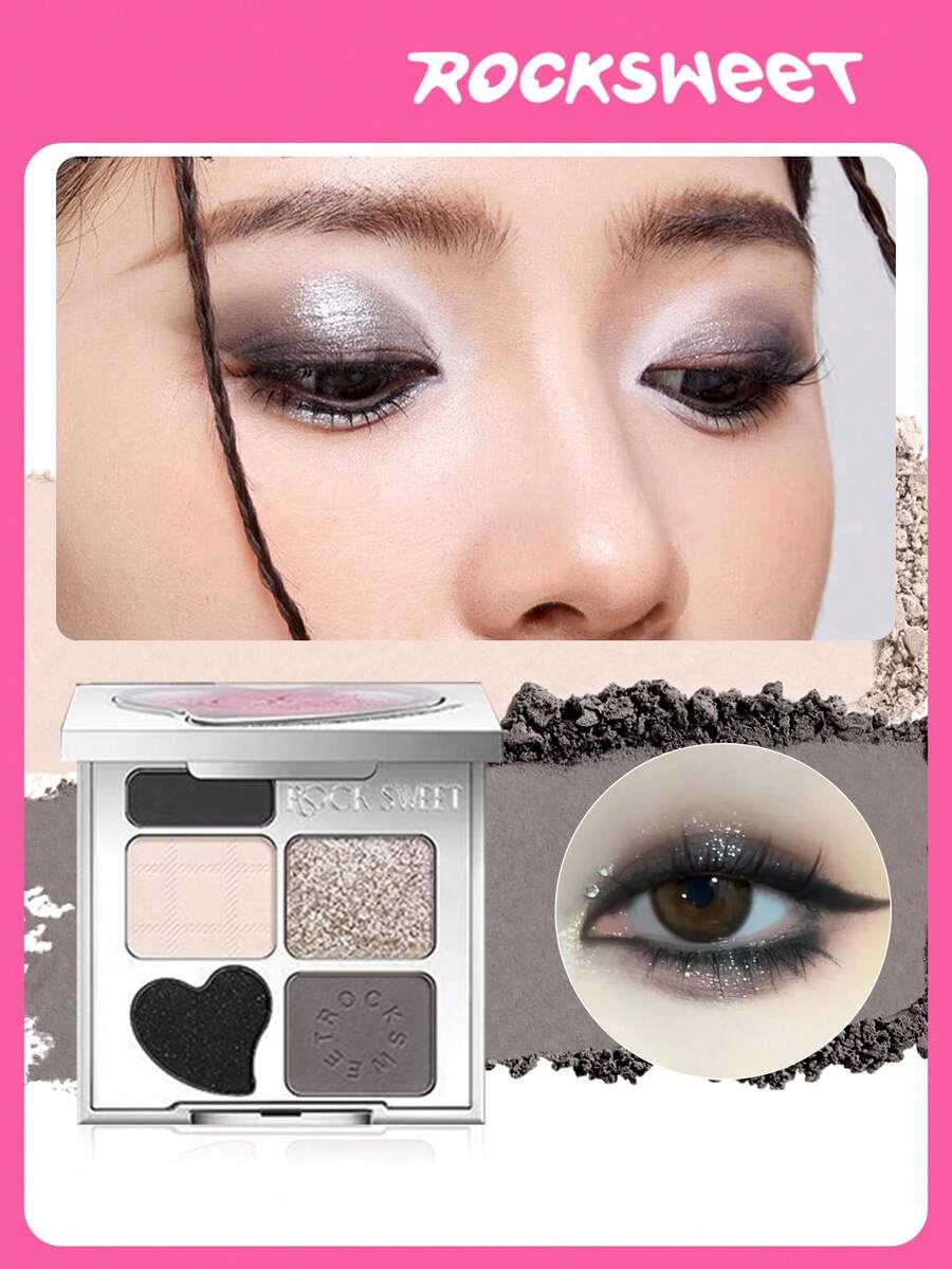 ROCK SWEET 5-Color Eye & Brow Palette - Brow Pencil, Brow Powder, Neutral Eyeshadow, Contour And Matte Highlighter, Sweat-Proof (Perfect Gift) - 06 Nhà hát Black Curtain (Mắt khói Ice Point)# - Xem 1