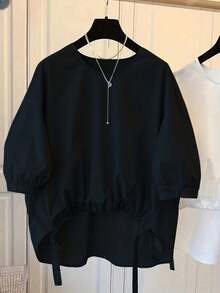 Plus Size Bohemian Style Solid Color Blouse, Regular Length, Asymmetric Hem, 3/4 Puff Sleeves, Comfortable Woven Shirt Spring Black - Black - View 3