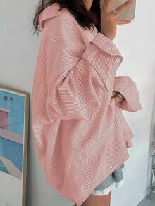 Plus Size Women's Striped Button-Up Shirt, Long Dropped Shoulder Sleeve, Woven Fabric Spring - Baby Pink - View 8