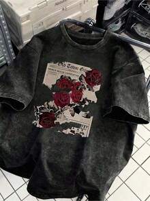 1 PcsWomen's Retro Rose And Newspaper Cartoon Letter Pattern Prints On The Street, Korean-Style Comfortable Retro Fashion Commuting Versatile Y2k Women's Clothing, Regular Niche Punk Style Black Fitted Round-Neck Short-Sleeved Washed T-Shirt, Washed Retro Series Comfortable Pure Cotton T-Shirt, Easily Create Retro Casual Wear, Suitable For Daily Commuting, Leisure Outings, Daily Outfits, Classic Retro Style Women's Clothing Anti-Wrinkle Cotton T-Shirt - 黑色 - 查看 6