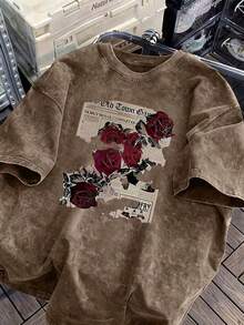 1 PcsWomen's Retro Rose And Newspaper Cartoon Letter Pattern Prints On The Street, Korean-Style Comfortable Retro Fashion Commuting Versatile Y2k Women's Clothing, Regular Niche Punk Style Black Fitted Round-Neck Short-Sleeved Washed T-Shirt, Washed Retro Series Comfortable Pure Cotton T-Shirt, Easily Create Retro Casual Wear, Suitable For Daily Commuting, Leisure Outings, Daily Outfits, Classic Retro Style Women's Clothing Anti-Wrinkle Cotton T-Shirt - 摩卡棕 - 查看 6