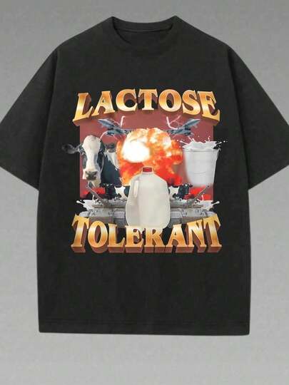 Lactose Tolerant Retro Pattern T-Shirt 90s Vintage Milk Graphic Tee Funny T-Shirt Gift-For-Friends Y2K Women Tee 2000s T-Shirt Gift Spring-Summer Top Casual Black, Clothes, Women Clothes, Women's Tops, Tops For Women, Tops, T Shirts, For Retro Street Style, For Y2K Casual Look, For Spring Summer Outings, For Friend Gatherings, For Daily Casual Wear, For Funny Graphic Tee Style