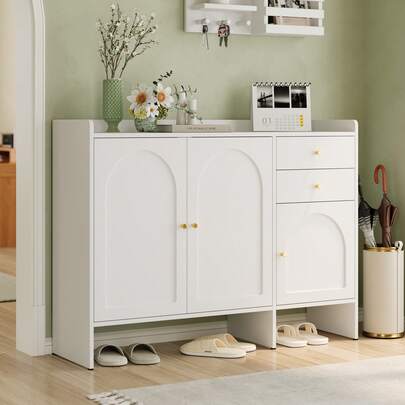 Shoe Cabinet With 3 Doors And 2 Drawers – Shoe Storage Chest With Metal Handles, Large Storage Space, Anti-Tip Device For Entryway/Hallway, White, Dimensions: W 120 Cm / H 90 Cm / D 35 Cm
