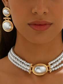 2pcs Vintage Multi-Layer Beaded Choker Necklace & Oval Earrings Set, European And American Style Faux Pearl Jewelry - Golden Yellow+White - View 2