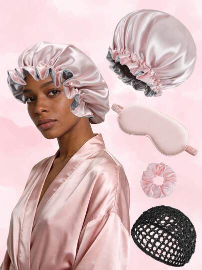 4pcs/Set Satin Bonnet Set, Hair Bonnet For Sleeping Silk Bonnet With Eye Mask For Women Curly/Straight Hair Scrunchies And Net Bonnet Hair Care Set Sleeping Essentials