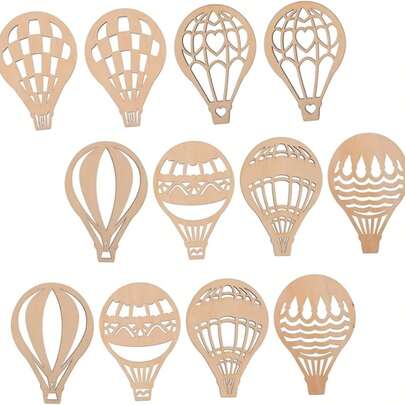 6/12/18件装木制热气球涂鸦标签，DIY墙面装饰挂件，手工制品，边缘光滑，触感舒适，创意家居装饰，趣味DIY木制装饰品，是亲子互动的好道具，为您的悬挂装饰增添乐趣。