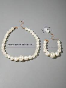 imoli 1 Necklace + 1 Bracelet + 1 Pair Earrings / Fashionable Minimalist Versatile Geometric Faux Pearl Necklace, Bracelet, Earrings Jewelry Set, Suitable For Women's Daily Wear, Jewelry Gift For Friends - 26735-g-eP - View 7