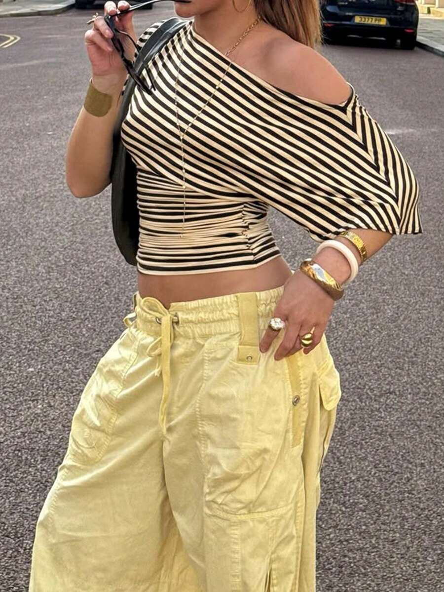 HoloChill Women's Fashionable Striped Knit Cropped Top, Asymmetric Neckline, Half Sleeve, Regular Fit Pullover, Suitable For Spring, High Elasticity, Summer Tops - Black - View 1