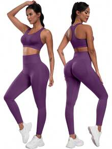 3 Piece Workout Sets For Women Butt Lifting Leggings With High Impact Sports Bra Gym Shorts - 紫色 - 查看 4