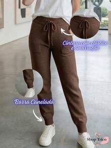 Women's Knit Pants With Ribbed Hem, Tie Waistband With Elastic, Knit Fabric, Autumn/Winter Fashion - 沙 - 查看 2
