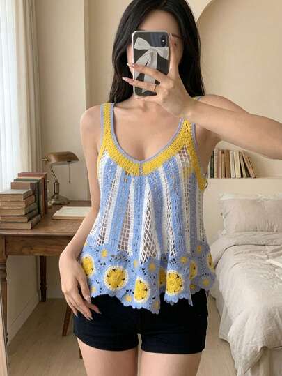  Wixra Colorblock Crochet V-Neck Sleeveless Knit Top, Hollow Floral Hem Breathable Knit Cover Up Casual Summer
