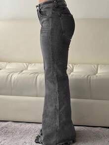 Womens Casual Long Denim Jeans With Flare Leg Washed Details And Pockets Slight Stretch - 灰色 - 查看 3