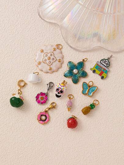 1Pc Cute Girl Style Jewelry Pendant Accessory, 18k Stainless Steel, Containing Ice Cream, Pineapple, Skull, Flower, Green Apple, Butterfly, Dining Car, Peach, Tea Cup And Other Pattern Elements, Waterproof And Fade Resistant, Suitable For Women, Couples, Bracelet Pendant Accessories, Jewelry Pendants, Necklace Pendant Accessories, Summer Jewelry Design, Mobile Phone Chain Pendant Accessories, Keychain Pendant Accessories, Charm Bag Chain Accessories