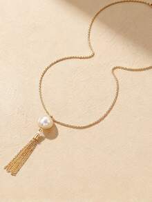 1pc Women's Long Necklace, French Luxury Elegant Chain Tassel Faux Pearl Pendant Necklace, Minimalist Long Delicate Chain, Versatile Slimming Daily Wear, Suitable For Spring/Summer, Commute, Date, Valentine's Day Gift For Girlfriend - Golden Yellow + White - View 10