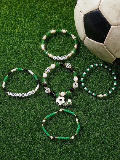 5条足球主题软陶手链，足球队爱好者手绳，运动派对礼品腕带，可调节足球串珠手链，男女皆宜，世界杯、生日、毕业、派对、节日礼物、足球队礼物