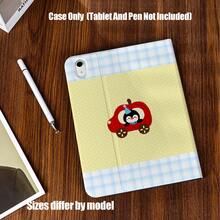 Book-Style Tablet Case With Pencil Holder Cute Plush Penguin & Apple Design, With Penguins In Apple Car & Shell. Yellow Polka Dot & Light Blue Plaid Background, Fresh And Healing. Book-Style Flip, Built-In Pencil Slot, Full Shockproof Edge.Compatible With IPad Mini 4/5/6, 9.7/10.2/10.5/10.9/11/12.9/13 Inch, Pro/Air 4/5/6/7, 10th/11th Gen, Galaxy Tab A7Lite/A8/A9/A9Plus/S6Lite/S7/S8/S9/S10/S11/FE/Plus Series. - Multicolor - View 4