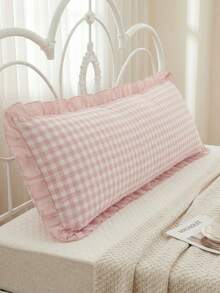 1pc Cute Pink Ruffle Minimalist Plaid Pleated Long Bolster Pillow Cover - Soft Polyester Fabric, Bedroom Sofa Decorative Lumbar Cushion Cover, Spring Decor, Suitable For All Seasons, - Pink - View 7