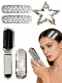 4pcs/SetSparkling Rhinestone Hair Accessory Set - Featuring Star-Shaped Claw Clips, Rhinestone-Trimmed Side Clips, And A Portable Folding Comb. A Versatile, "Light Luxury" Collection Perfect For Daily Wear, Commuting, And Travel.,Summer,Holiday - Silver - View 1