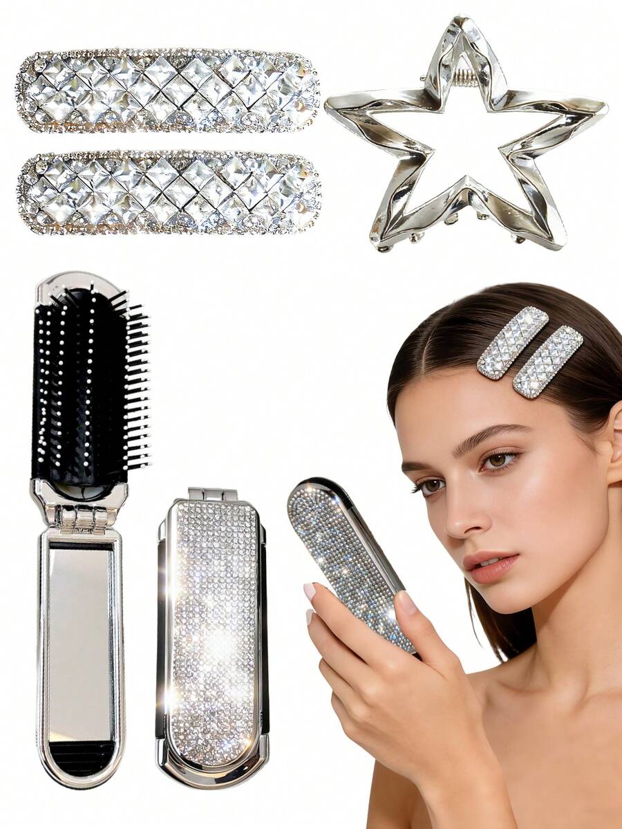 4pcs/SetSparkling Rhinestone Hair Accessory Set - Featuring Star-Shaped Claw Clips, Rhinestone-Trimmed Side Clips, And A Portable Folding Comb. A Versatile, "Light Luxury" Collection Perfect For Daily Wear, Commuting, And Travel.,Summer,Holiday - Silver - View 1