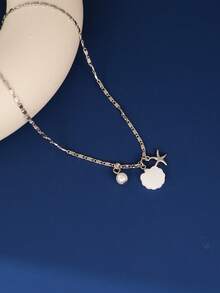 1件极简主义海星和仿珍珠贝壳吊坠项链，夏季海滩度假派对配饰 - 銀色 - 查看 3