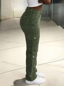 Quần jeans nữ dáng casual, màu trơn, có túi, khóa kéo và cúc, thích hợp mặc hàng ngày đi làm, phù hợp mọi mùa. - xanh quân đội - Xem 2