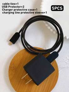 5PCS Black TPU Anti-Fall Charger Protective Case Data Cable Winding Rope Compatible With Apple 18W/20W Charger - Black - View 4