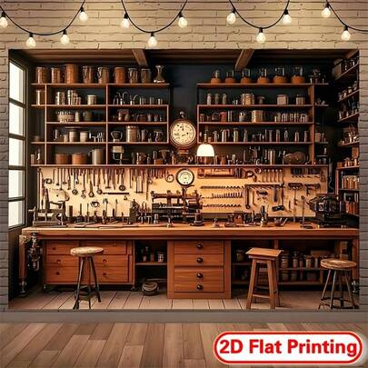 1 件 2D 背景布，复古车库服务主题插画涤纶面料背景布，充满活力的壁挂式涤纶面料，适用于客厅、卧室、办公室或派对装饰，派对背景，多种尺寸和场景可供选择。