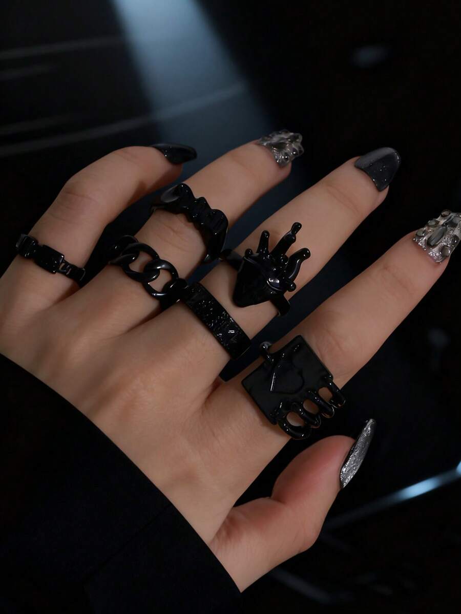 6件套朋克风滴油爱心字母叠戴戒指套装（女士款） - 黑色 - 查看 1