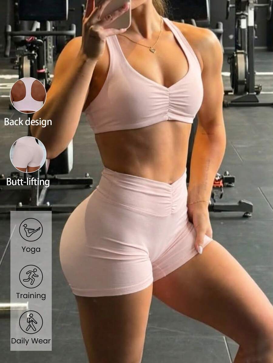 2 piezas Conjunto de fitness para mujer, top corto rosa de ajuste ceñido, elástico y transpirable, combinado con shorts de cintura alta plisados, adecuado para yoga, correr, entrenamiento en el gimnasio - Rosa - Ver 1