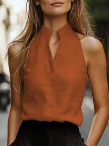 Conjunto de 2 piezas de top sin mangas con cuello Mao de estilo de lino y camiseta ajustada, minimalista y elegante, adecuado para la oficina, casual, citas, vacaciones y talla grande ocasiones de verano - Albaricoque + Marrón - Ver 4
