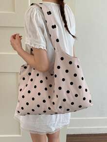 1pc Spring/Summer Korean Style Polka Dot Large Capacity Women's Shoulder Bag, Literary Fresh Crescent Bag, Durable Casual Vacation Cloth Bag, Available In Gray, Blue, Beige - A - View 9