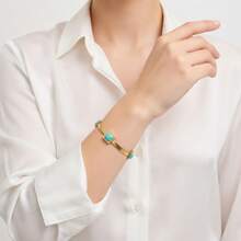 1件时尚新款金色蛇骨链镶嵌3颗方形绿松石手链，奢华百搭日常佩戴手链，女士礼品，18K镀金不锈钢 - 手鍊 - 查看 1