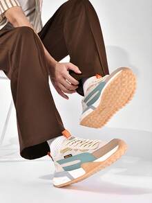 Men Colorblock Chunky Sneakers, Retro Lace-Up Casual Sports Shoes For Campus, Walking & Daily Wear - Beige - View 5
