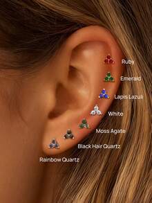 1pc 925 Sterling Silver Colorful Gemstone 3-Leaf Flower Stud Earrings, Classic Hypoallergenic Flat Back Ear Cuff Earrings, Suitable For Daily Wear, Wedding, Engagement, Fine Jewelry - Multicolor - View 12