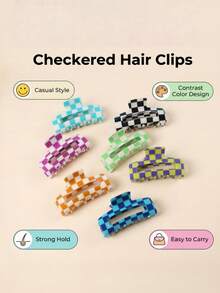 3个/2个极简亚克力8厘米中号棋盘格发夹，适合日常、度假、派对、送礼 - 彩色 - 查看 3