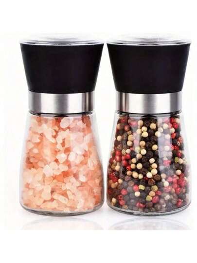 玻璃香料研磨器，可重复使用香料瓶，手动胡椒研磨器，可调节不锈钢玻璃盐和胡椒研磨器，胡椒研磨器，手动海盐研磨器，家用厨房研磨器，家用海盐研磨器，手动胡椒研磨器，香料研磨器，适用于烧烤、野餐和户外露营。厨房小工具，厨房必备品，情人节礼物，厨房配件。
