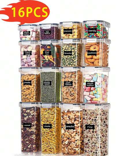 16 piezas Recipientes herméticos para almacenamiento de alimentos con tapas - Ideales para loncheras, organizar y almacenar granos, arroz, pasta, té, nueces y granos de café en la despensa de la cocina, aptos para lavavajillas, incluye etiquetas y marcador