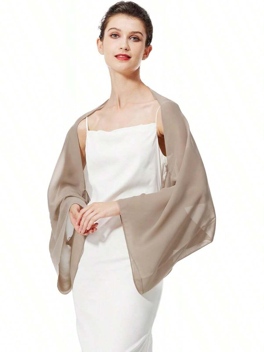 Bridal Wedding Chiffon Shawl Shrug With Arm Hole Bridesmaid Cover Up Evening Party Summer Shawl - 卡其色 - 查看 1