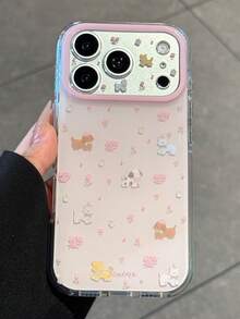 Cute Pink Floral Small Animal Dog Gloss Lens Painted Pattern Phone Case Compatible With IPhone 17 Pro Max 16 15 Pro Max Pink Background Sweet Gentle Spring Summer Shockproof Back 's Gift - Pink - View 2
