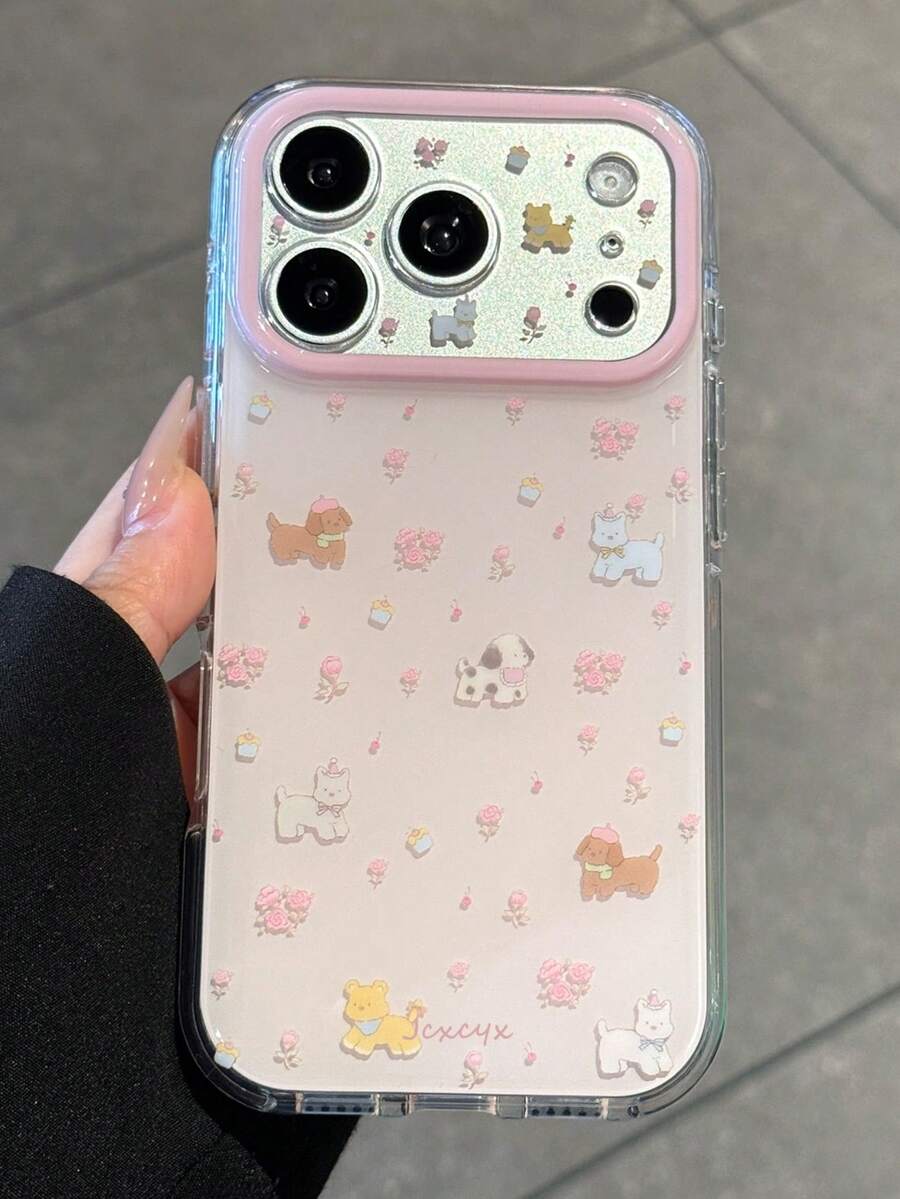 Cute Pink Floral Small Animal Dog Gloss Lens Painted Pattern Phone Case Compatible With IPhone 17 Pro Max 16 15 Pro Max Pink Background Sweet Gentle Spring Summer Shockproof Back 's Gift