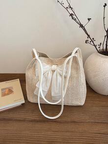 Túi tote dệt thắt nơ dễ thương, túi đeo vai bằng rơm nữ tính, túi đựng đồ lớn, túi gấp gọn đa năng thích hợp cho kỳ nghỉ hè, đi biển, đi làm. - trắng - Xem 6