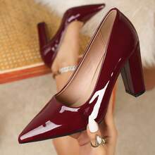 Chunky Heeled Pointed-Toe Shoes In Multiple Colors, Glossy Patent Leather, Low-Cut, Versatile And Elegant Women's Shoes. - 復古紅色 - 查看 6